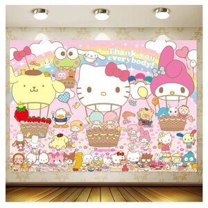 Hello Kitty, Thank You Every Body! Backdrop ,3 x5,Kawaii Banner Party